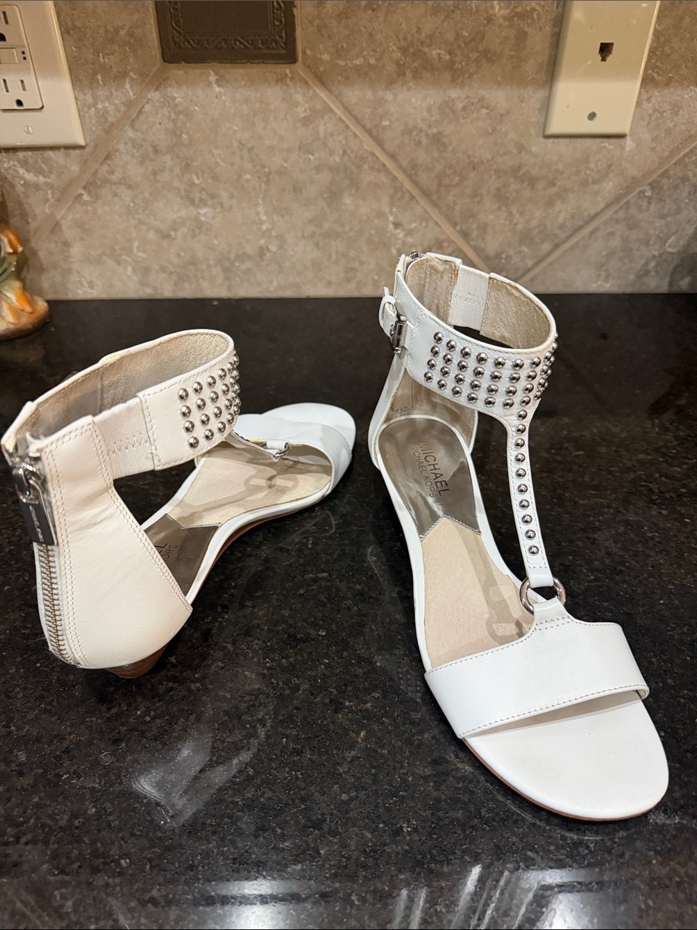 Michael Kors White Studded T-Strap Sandals with Back Zipper